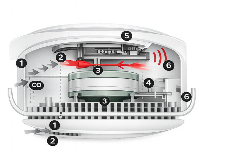 Przekrój czujnika tlenku węgla Ei208 – elektrochemiczny sensor CO, układ elektroniczny i sygnalizator alarmowy